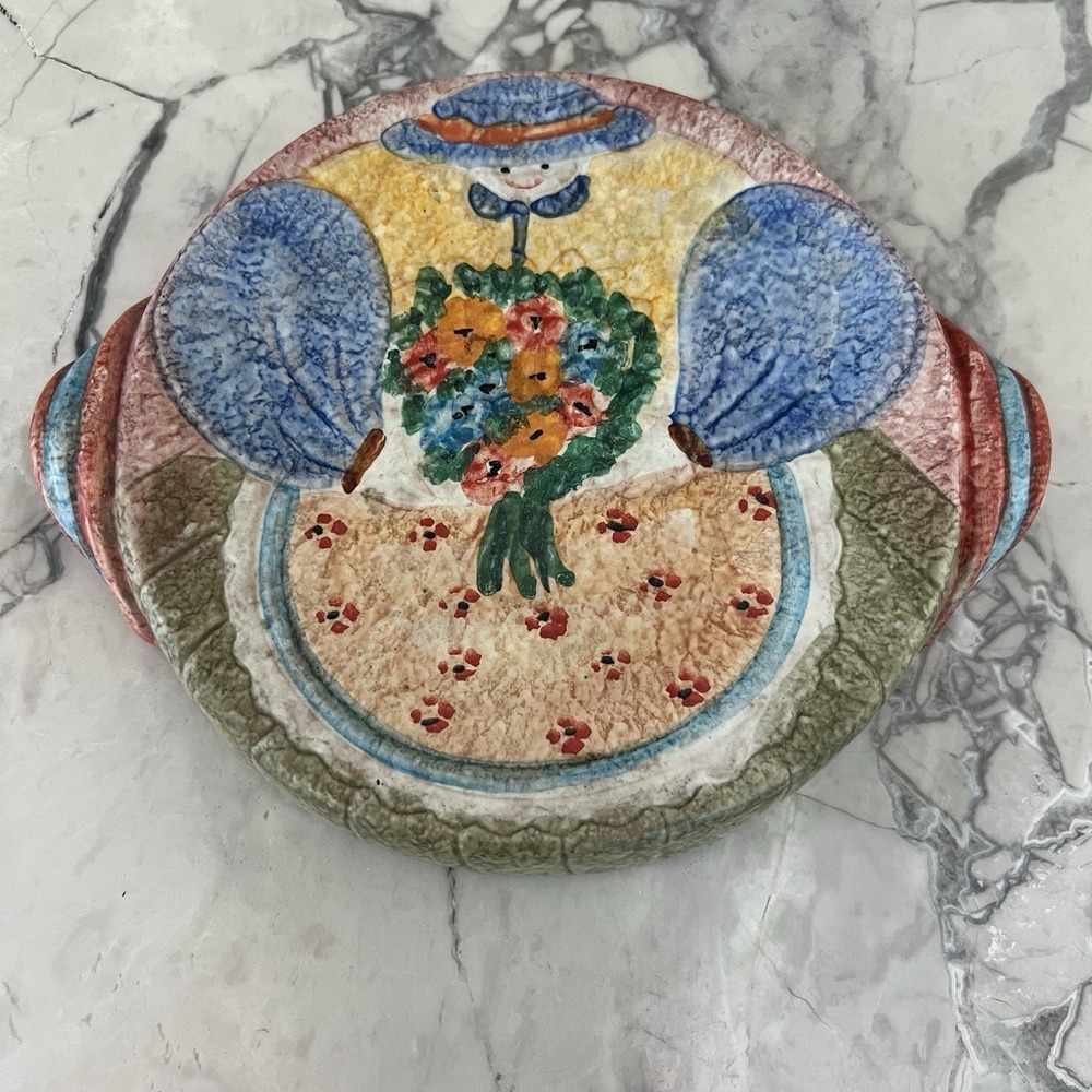 Whimsical SIGNED ITALY Art Pottery Plaque‎ Trivet Burner Cover
